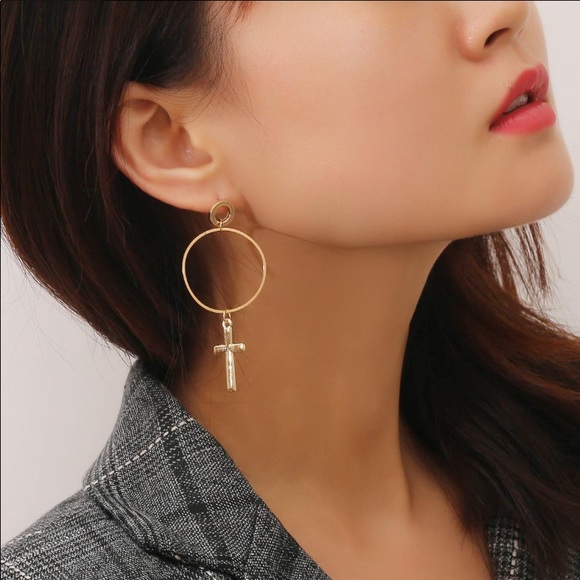 Jewelry - Cross Circled Drop Down Earrings Gold Tone or Silver Tone!